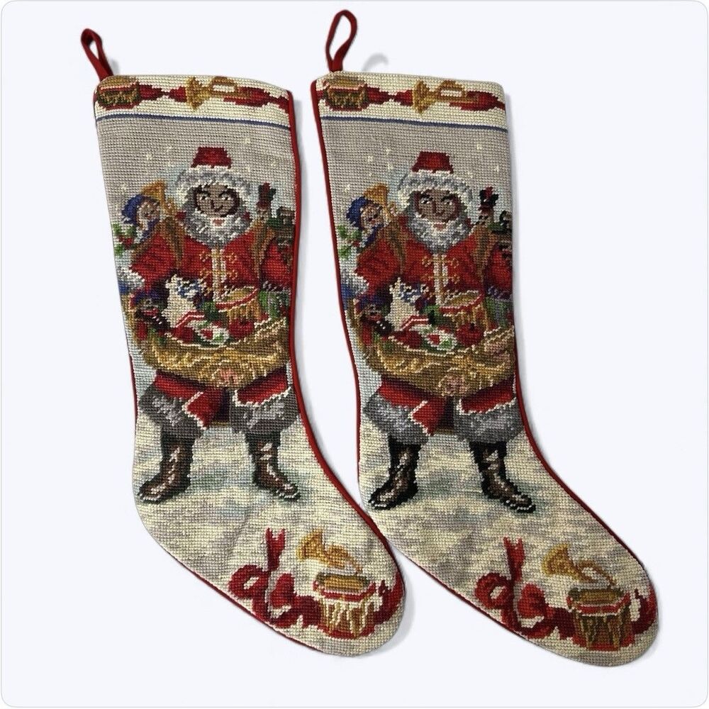 2โ Vintage Christmas Needlepoint Santa Claus Toys Stockings Red Velvet Backing